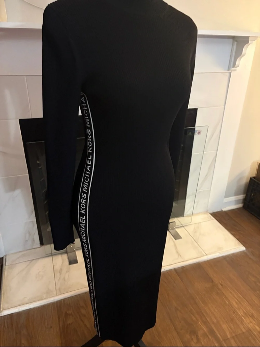 Michael Kors Black Ribbed Midi Dress with Logo Side Tape - Picture 2 of 4